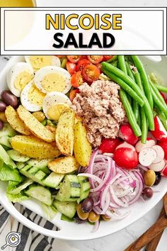 a white bowl filled with salad ingredients and text overlay that reads, how to make a delicious nicose salad