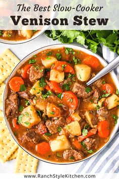the best slow - cooker venison stew in a bowl with crackers