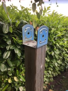 two blue wooden posts in front of some bushes