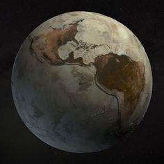 an artist's rendering of the earth in space, with some brown and white paint