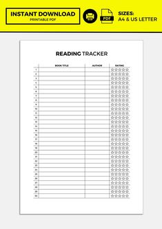 the printable book tracker is shown in black and white, with yellow borders