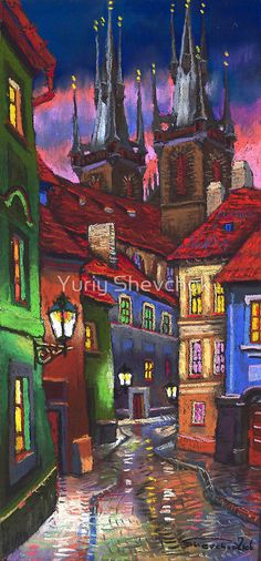Prague Old Street 2 by Yuriy Shevchuk Naive, Prague, Painting & Drawing, Old Street, Amazing Art