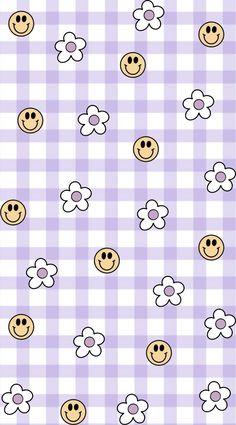 a purple and white checkered pattern with smiley faces