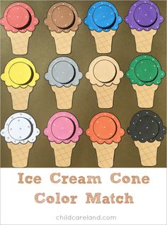 Ice cream cone color match for color recognition.  I made the ice cream cones so they would fit on a 12x12 sheet of cardstock paper for a square mat. Design, Pre K, Montessori, Diy, Ice Cream Theme, Ice Cream Cone, Color Activities, Preschool Colors, Summer Preschool