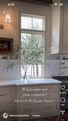 a kitchen with white cabinets and an open window that says, what color are your cabinets?