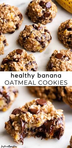 healthy banana oatmeal cookies with chocolate chips on top and bananas in the background