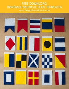 Find the templates AND tutorial for creating all 26 nautical flags in this post! Love this DIY felt nautical flag banner! Nautical, Quilting, Diy, Quilts, Banners, Nautical Diy, Nautical Flags, Nautical Theme
