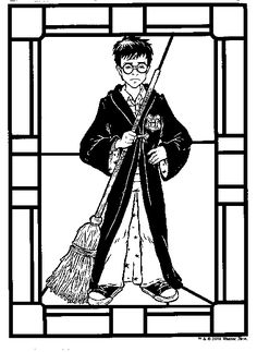 the character from harry potter holding a broom and standing in front of a stained glass window