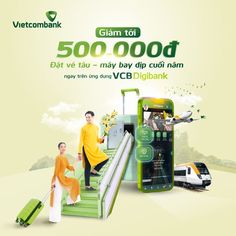 an advertisement for the vietnam bank with people walking up stairs and luggage bags on them
