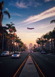 an airplane is flying over the street in front of palm trees and buildings at sunset