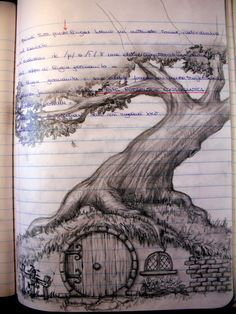 an open book with a drawing of a tree and a hobbot on it