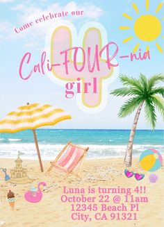Calling all Cali-FOUR-nia Girls!! Editable Beach Theme 4th birthday party invite. Cute California Beach Theme Birthday Party Invite. Both easy to use and customizable! This invitation can be customized to fit your specific needs, and it's also easy to use. Just add your text, and you're ready to go! WHAT'S INCLUDED ? This is a digital download listing. No physical product will be mailed to you. After your purchase is confirmed, you will receive your downloadable PDF file. You will receive one (1 Cali, Invitations, Beach Theme Birthday Party, Beach Theme Birthday, Beach Birthday Party, Beach Themed Party, 4th Birthday Parties, 4th Birthday Girl Theme