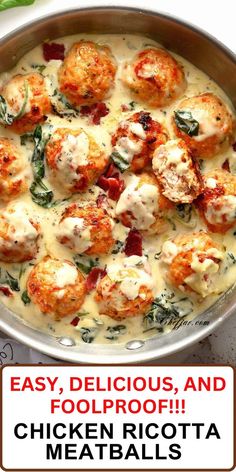 Baked Chicken Ricotta Meatballs with Spinach Alfredo Sauce Spaghetti, Courgettes, Baked Chicken, Healthy Recipes, Sandwiches, Low Carb Recipes, Ricotta Meatballs, Spinach Alfredo, Baked Dinner