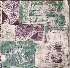 Hilary B~ "So I did the same onto thick khadi paper. This was the 6" x 6" gelli and I picked it up and applied it to the paper like a stamp. This allowed me to still get a good print on the thicker material" Mixed Media Art, Collage Art, Artists, Collage Art Mixed Media