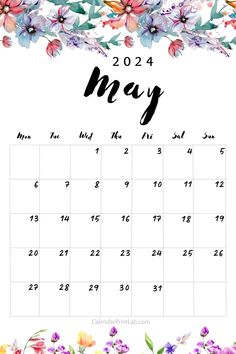 the may calendar with watercolor flowers on it
