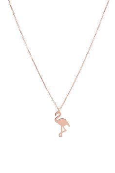 a pink flamingo necklace on a white background
