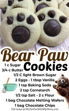 an advertisement for bear paw cookies with chocolate chips