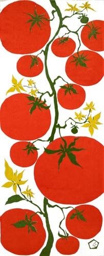 a drawing of tomatoes on a vine with leaves and flowers in the center, against a white background