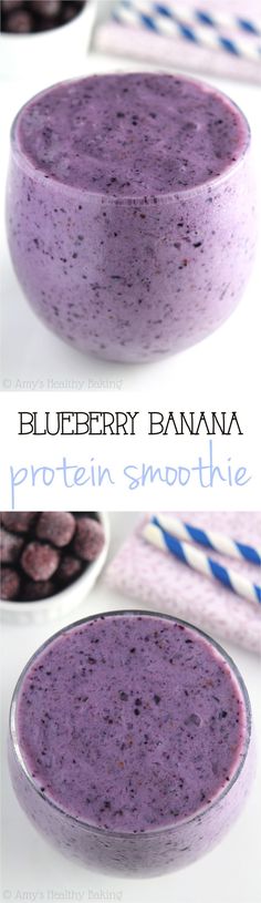 blueberry banana protein smoothie in a glass bowl