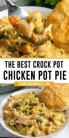 Close up of Crock Pot chicken pot pie in a white bowl and on a fork. Crockpot Chicken Pot Pie, Chicken Pot Pie Recipes, Chicken Pot Pie Recipe With Biscuits, Chicken Thigh Recipes Crockpot, Chicken Pot, Crockpot Recipes Beef, Crock Pot