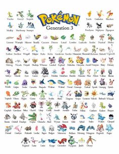 the pokemon generation 3 poster is shown in full color and has many different types of characters