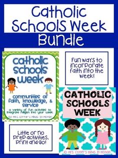 the catholic school week bundle includes books, posters and activities for children to use in their homes