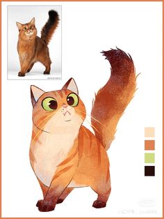an orange cat with green eyes standing next to a brown and white cat on a white background