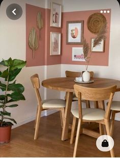 a dining room table and chairs with pink walls in the back ground, potted plant on the far wall