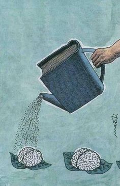 an image of a person pouring water from a watering can with brain images on it