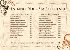 Massage Spa Menu Massage Therapy Business, Massage Business, Massage Marketing, Spa Massage, Spa Menu, Massage Room