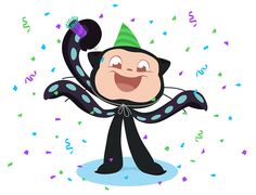 a cartoon character is dancing with confetti and streamers in the air while wearing a party hat