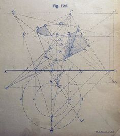 an old book with lines and shapes drawn on the pages, including one point in the middle
