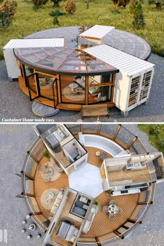 two pictures showing the inside and outside of a round house with an open floor plan