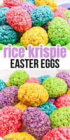 rice krispie easter eggs on a plate with the words, rice krispies easter eggs