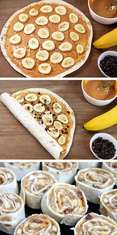 the process of making cinnamon roll desserts with bananas and raisins on top