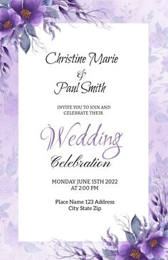 a wedding card with purple flowers on it