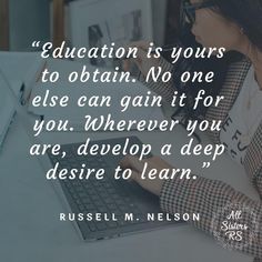 a woman sitting in front of a laptop computer with a quote about education is yours to obtain no one else can gain it for you