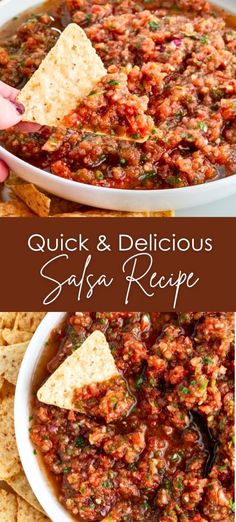 quick and delicious salsa recipe with tortilla chips in the bowl, ready to be eaten