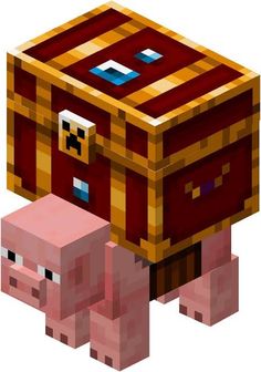 an image of a chest and pig in pixel art style on black background with text that reads, minecraft