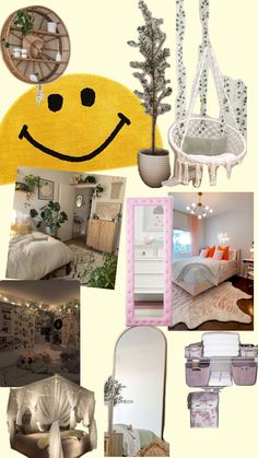 a collage of photos with furniture and decor in it, including a smiley face on the wall