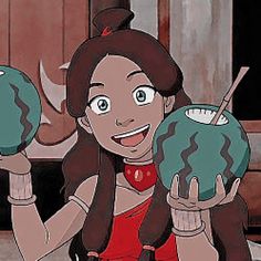 a cartoon girl holding two watermelons in one hand and smiling at the camera
