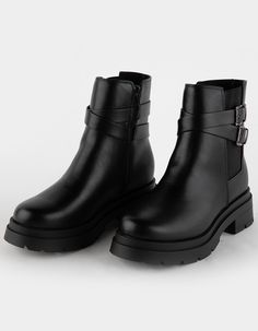 Soda Yumin Biker Boots. These Boots Seamlessly Blend The Tough, Rebellious Aesthetic Of Biker Boots With The Sleek Appeal Of Faux Leather, Creating A Versatile And On-Trend Footwear Option. The Ankle Height Of These Boots, Coupled With Buckle Strap Embellishments Often Associated With Biker Styles, Adds A Distinctive Edge To Your Look. Zip Closure At Inner Ankle. Cushioned Footbed. Chunky Sole. Imported. Boots, Ankle Boots, Bootie Boots, Boot Shoes Women, Shoe Boots, Biker Boots, Womens Biker Boots, Black Boots, Biker Style