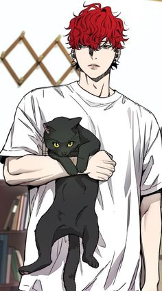 a man with red hair holding a black cat in his arms and wearing a white t - shirt