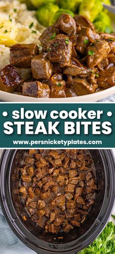 slow cooker steak bites in a bowl with broccoli and mashed potatoes