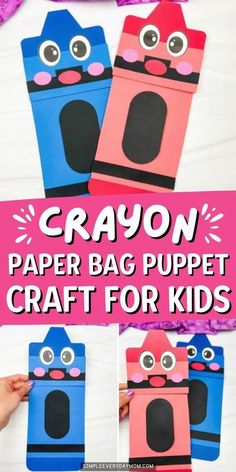 crayon paper bag puppet craft for kids with instructions to make it in the shape of a cat