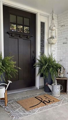 a front door with two plants and a watering can on the rug next to it