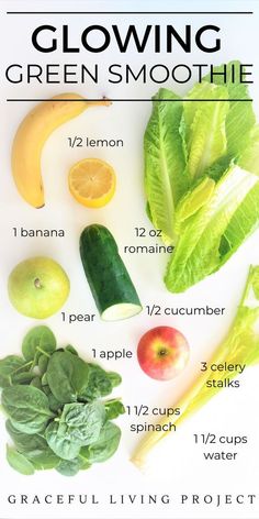 an image of green smoothie ingredients on a white background with the text, glowing green smoothie