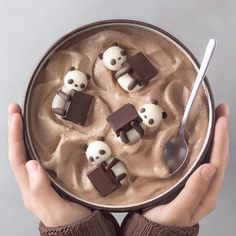 a person holding a bowl filled with chocolate and panda bears on top of ice cream