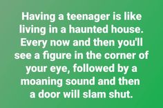 a green background with the words having a teenager is like living in a haunted house every now and then you'll see a figure in the corner of your eye, followed by a