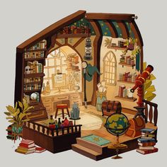 an image of a doll house with furniture and books